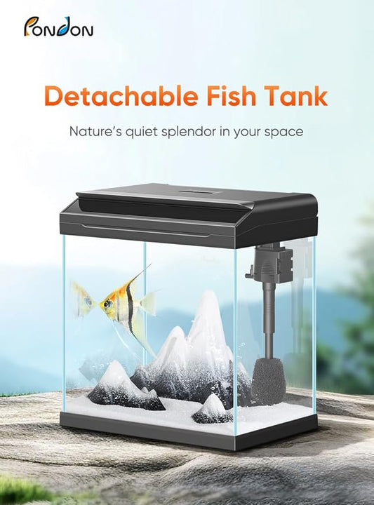 PONDON 4 Gallon Fish Tank with Detachable Lid, Low-Iron Glass Aquarium Starter Kit with LED Light, Beginner-Friendly Betta Aquarium with Removable Filtration PONDON