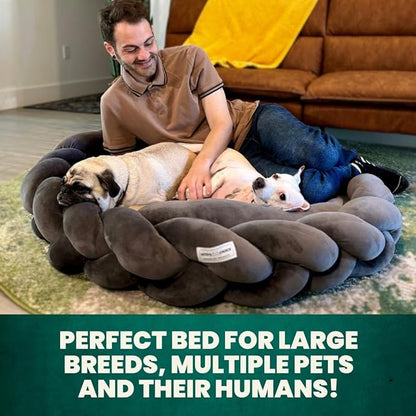 Tater's Choice 40" Dog Bed - Premium Braided Dog Bed with 3 Pack of Plush Bones - Luxurious and Durable Pet Beds with Plush Polyester Filling, Non-Slip Base, Washable Mattress, Charcoal Grey, Large - PAWPICO
