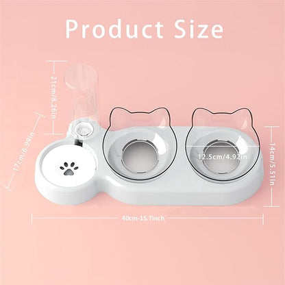 Marchul Raised Three Cat Dishes for Food and Water, Pet Feeding Bowls with Automatic Water Bottle - PAWPICO