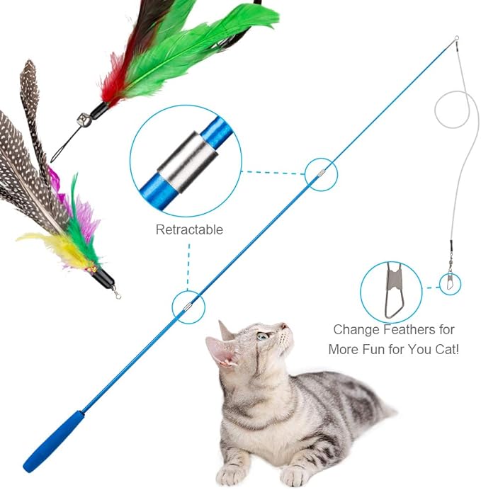 Cat Toys Feather Toy, 2PCS Retractable Wand and 10PCS Replacement Teaser with Bell Refills, Interactive Catcher and Funny Exercise for Kitten. - PAWPICO
