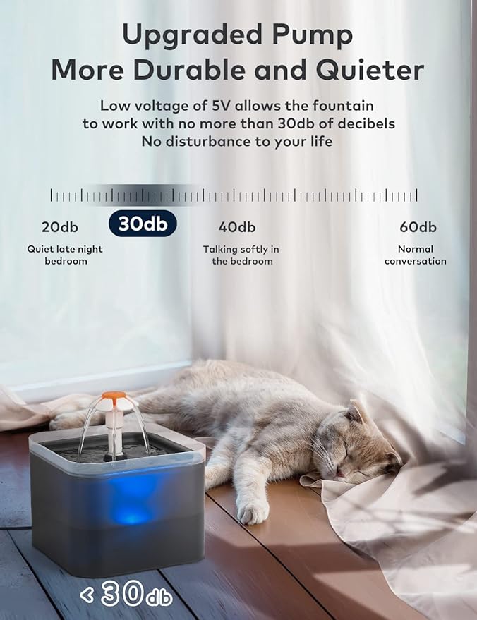 Cat Water Fountain 2 Liter : Cat Fountains for Drinking with Light - Small Pet Water Fountain - Kitty Water Fountain Cute - Cat Fountains for Drinking Easy to Clean - Including 4 Filters + 2 Sponges - PAWPICO