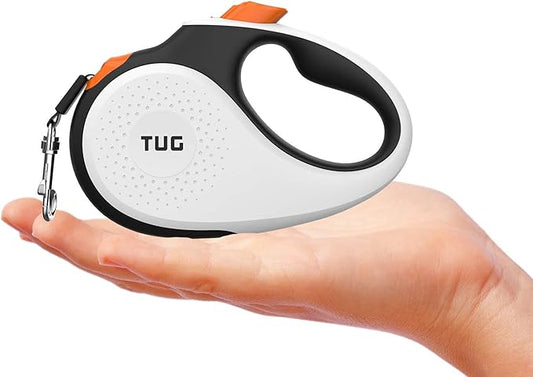 TUG Tiny 360° Tangle-Free Retractable Dog Leash with Anti-Slip Handle | 10 ft Nylon Tape | One-Handed Brake, Pause, Lock (White/Orange) TUG