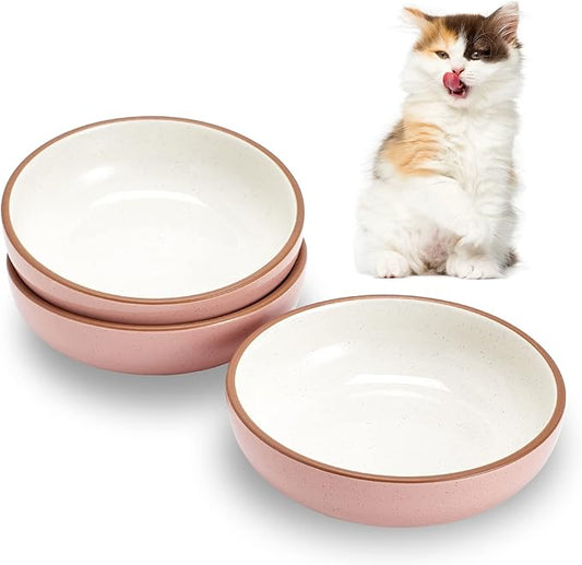 Cottagecore 5.19 in Ceramic Cat Dishes, 3 Pack, Light Pink, Shallow Design for Easy Feeding - PAWPICO