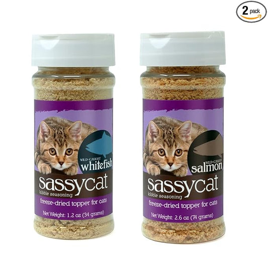 Herbsmith Sassy Cat Kibble Seasoning – Freeze Dried Whitefish – Cat Food Topper for Picky Eaters [Bundle, Whitefish & Salmon] - PAWPICO