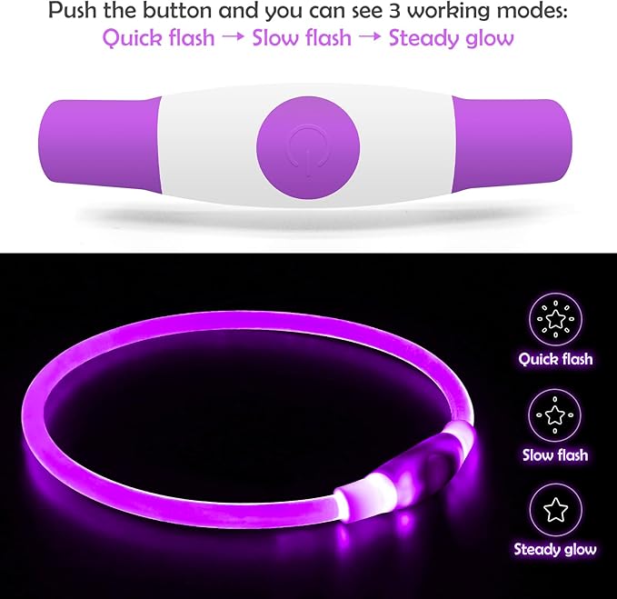 Light up Dog Collar, BSEEN USB Rechargeable Flash Dog Necklace Light, Pet Safety Collar Makes Your Beloved Dogs Be Seen at Night for Small Medium Large Dogs(Purple) BSEEN
