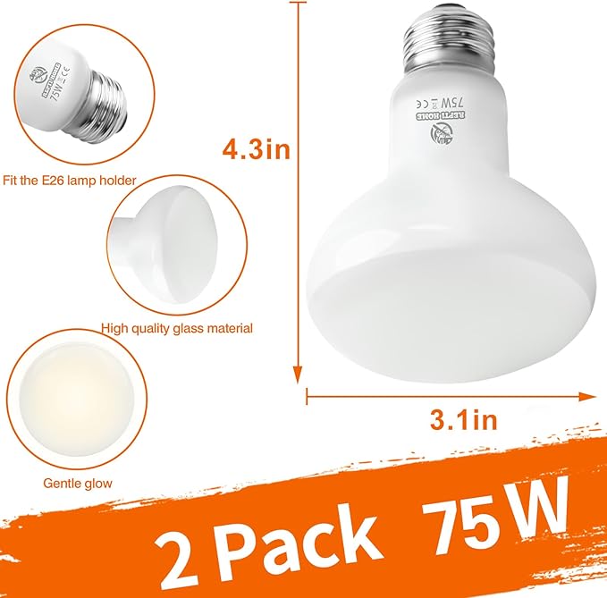 Reptile Heat Lamp Bulbs, Simulate Natural Sunlight Heat Light Bulb, 2 Pack 75W Amphibian Terrarium Basking Spot Lamp for Reptile, Bearded Dragon, Lizard, Turtle, Snake REPTIHOME