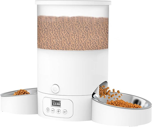 SURDY Automatic Cat Feeder for 2 Cats, 3L Cat Food Dispenser Auto Cat Feeder with 2 Stainless Bowls, 10s Meal Call Dual Power Supply and Timer Setting 12 Portions 6 Meals Per Day for Cats (White, 3L) - PAWPICO