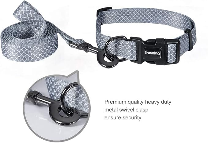 Ihoming Dog Collar and Leash Set for Daily Outdoor Walking Running Training, Moroccan Grey Design for Large Boys Girls Dogs Cats Pets, L-Up to 80LBS Ihoming