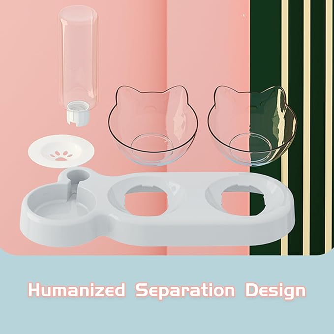 Marchul Raised Three Cat Dishes for Food and Water, Pet Feeding Bowls with Automatic Water Bottle - PAWPICO