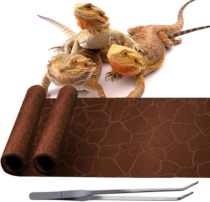 2 Pack Reptile Carpet Desert Reptile Mat & Reversible Substrate, Terrarium Liner Bedding, for Lizard,Chameleon,Gecko,Snake,Ceratophrys with Tweezers Feeding Tong (10 Gallon(21.5x11.5in)) REP+BUDDY