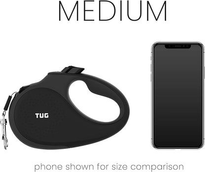 TUG 360° Tangle-Free Retractable Dog Leash with Anti-Slip Handle | 16 ft Strong Nylon Tape | One-Handed Brake, Pause, Lock (Medium, Black/Grey) TUG
