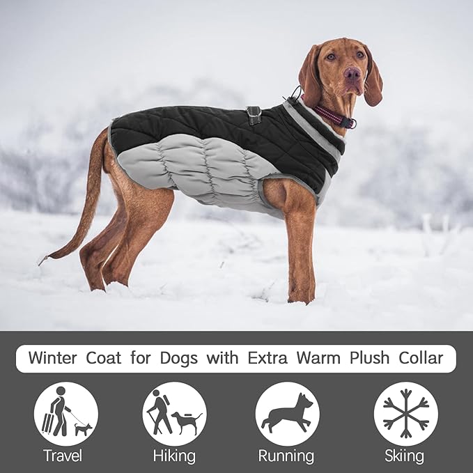FUAMEY Warm Winter Dog Jacket with Built-in Harness, Waterproof Windproof Reflective Fleece Vest with Zipper for Medium Dogs - Black - PAWPICO