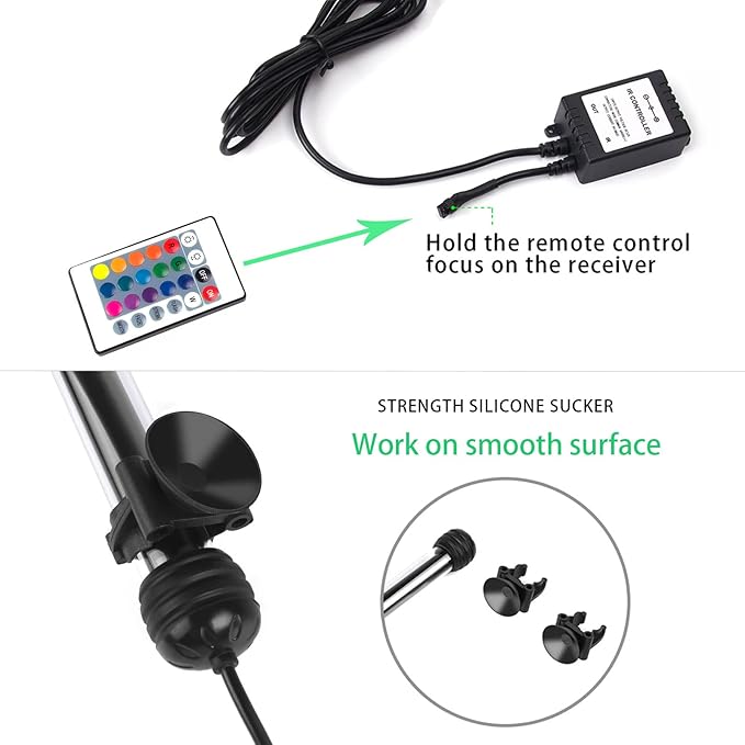 LED Aquarium Lights, Underwater Fish Tank Lights RGB Waterproof Color Changing Adjustable Memory Submersible Remote Control Aquarium Tank Sucker Hood Strip Lamp Waterfall Lights, 7.5 inch S+SMIFUL