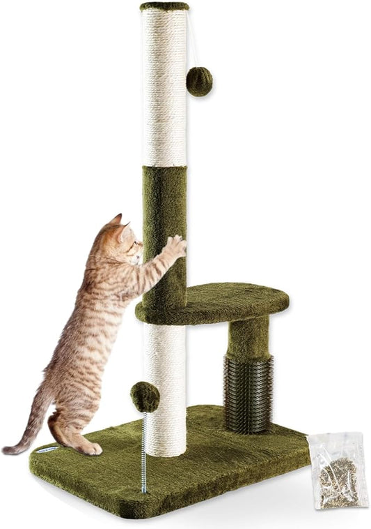 Happi N Pets 34“ Tall Cat Scratching Post for Big Cats, Natural Sisal Cat Scratchers for Indoor Cats, Heavy Duty Cat Stands Featuring with Cat Self Groomer and Hanging Toys, Free Catnip-Green - PAWPICO