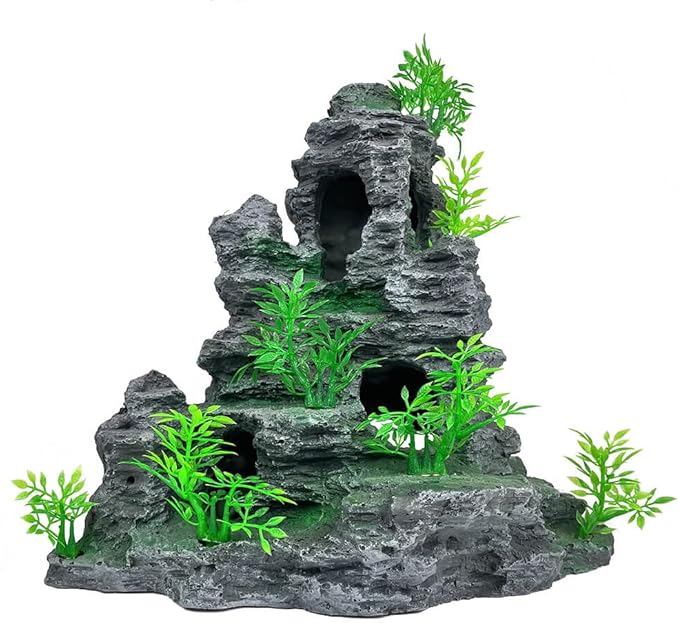 Aquarium Decorations Large and Tall Fish Tank Decor Aquarium Rock Mountain View Aquarium Ornament Tree House Cave Fish Tank Decorations for Large Fish Tank - 10.2 Inches High GOLOMOZ
