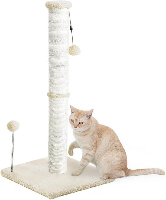 Cat Scratching Post 32" Tall Scratching Post Kitten Scratcher Sisal Scratch Posts Basic with Hanging Ball for Indoor Cats, Integrated Cat Toys, Beige - PAWPICO