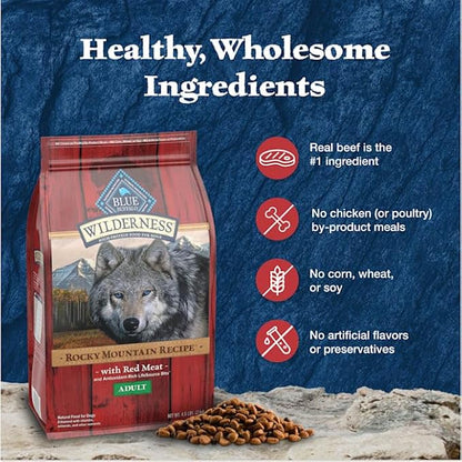 Blue Buffalo Wilderness High-Protein Rocky Mountain Recipe Dry Food for Adult Dogs, Red Meat & Grains, 13-lb. Bag - PAWPICO