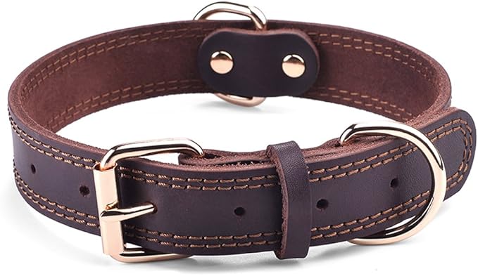 Dog Collar, Genuine Leather Dog Collar, Heavy Duty Dog Collar, Wide Dog Collar for Small Dog, Medium Dog, Large Dog and Extra Large Dog (L: 1.2" Wide for 17"-23" Neck, Dual Stitch - Brown) DAIHAQIKO