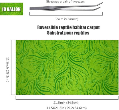 2 Pack Rainforest Tropical Reptile Carpet Mat Substrate, Terrarium Liner Bedding, for Lizard,Chameleon,Gecko,Snake,Ceratophrys with Tweezers Feeding Tong (10 Gallon(21.5x11.5in)) REP+BUDDY