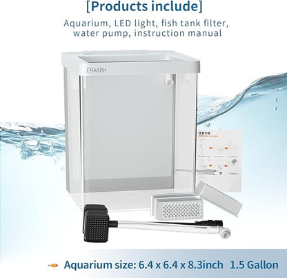 Smart Aquarium kit 1.5 Gallon Betta Fish Tank self Cleaning, Fish Tank with Filter LED Light, Water Pump, Fish Tank Starter Kits (Betta Fish Tank) ERAARK