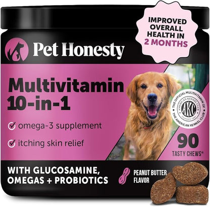 Pet Honesty Multivitamin Dog Supplement, Glucosamine chondroitin for Dogs, Probiotics, Omega Fish Oil, Dog Supplements & Vitamins, Dog Vitamins for Skin and Coat Allergies, (Peanut Butter 90 ct) PetHonesty