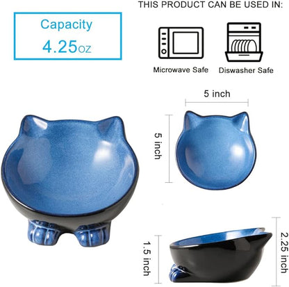 Nihow Ceramic Basic Cat Bowls: 5 Inch Cat Bowl for Food & Water - Food Grade Cat Dish for Small-Sized Cat - Microwave & Dishwasher Safe -Elegant Blue & Black (4.25 OZ /1 PC) - PAWPICO