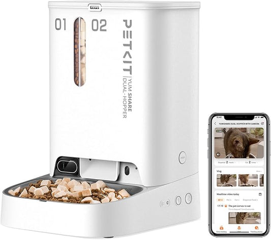 PETKIT Automatic Cat Feeder with Camera,1080P HD Video with Night Vision,Double Hopper Pet Feeder for Cats and Dogs with 2-Way Audio,Smart App Control Cat Food Dispenser,2.4G WiFi/Anti-Stick Bowl - PAWPICO