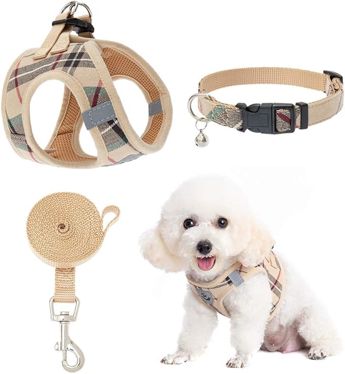 EXPAWLORER Classic Plaid Puppy Harness - Large Dog Collar and Leash - Soft Mesh Padded Adjustable Dog Vest Harness No Pull, Reflective Escape Proof for Outdoor Walking, Khaki Large EXPAWLORER