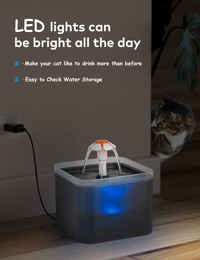 Cat Water Fountain 2 Liter : Cat Fountains for Drinking with Light - Small Pet Water Fountain - Kitty Water Fountain Cute - Cat Fountains for Drinking Easy to Clean - Including 4 Filters + 2 Sponges - PAWPICO