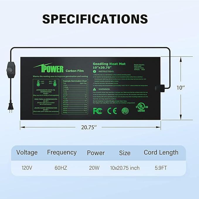 iPower 2 Pack 10" x 20.75" Seeding Heat Mat with Thermostat Temperature Adjustable Knob Durable Warm Hydroponic Plant Germination Starting Pad, Black iPower