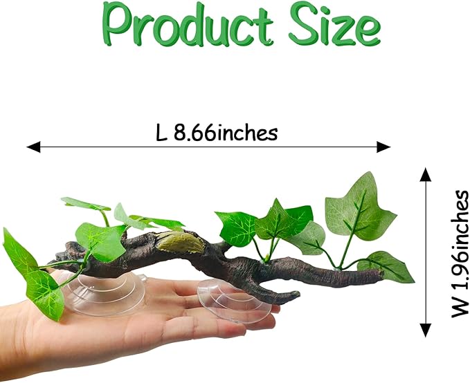 Fhiny 2 PCS Reptile Corner Branch, Resin Climb Tree Branch Decor with Leaves Tank Accessories Terrarium Plant Ornament with Suction Cup for Snake Lizard Bearded Dragons Gecko Climbing Fhiny