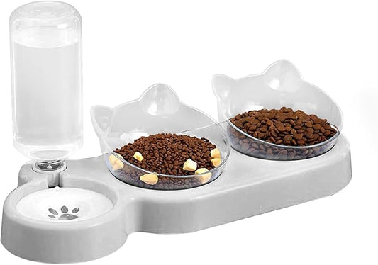Marchul Raised Three Cat Dishes for Food and Water, Pet Feeding Bowls with Automatic Water Bottle - PAWPICO