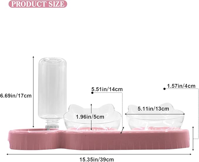 Triple Cat Bowls,15°Tilt 3-in-1 Water Feeder Bowls Cat Double Food Bowls with Automatic Water Bottle Bowl, Whisker Friendly Wet and Dry Cat Elevated Feeding Dishes for Small Cat and Puppy (Pink) - PAWPICO