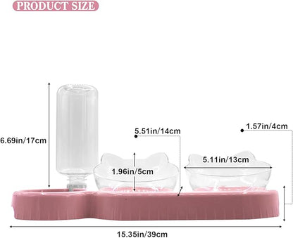 Triple Cat Bowls,15°Tilt 3-in-1 Water Feeder Bowls Cat Double Food Bowls with Automatic Water Bottle Bowl, Whisker Friendly Wet and Dry Cat Elevated Feeding Dishes for Small Cat and Puppy (Pink) - PAWPICO