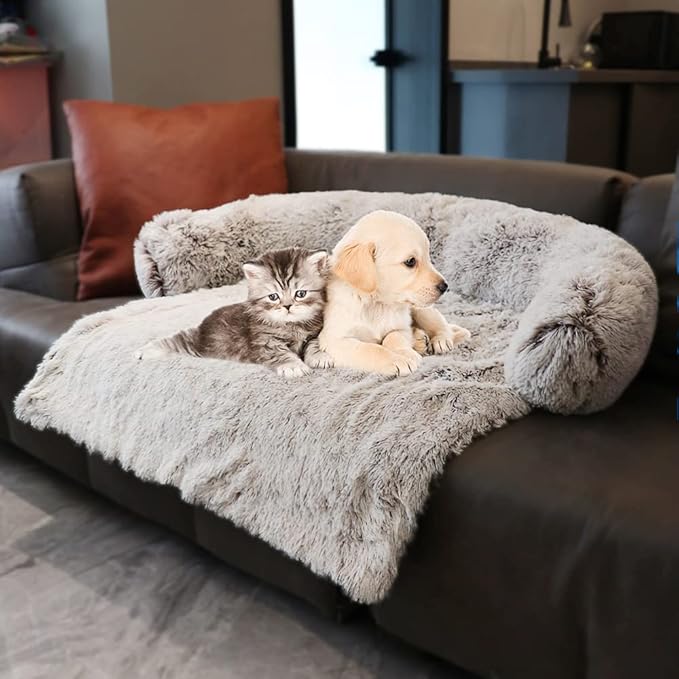 Tinaco Luxurious Calming Dogs/Cats Bed Mats, Washable Removable Couch Cover, Plush Long Fur Mat, Waterproof Lining, Perfect for Small, Medium and Large Pets (Gradient Brown, L) - PAWPICO