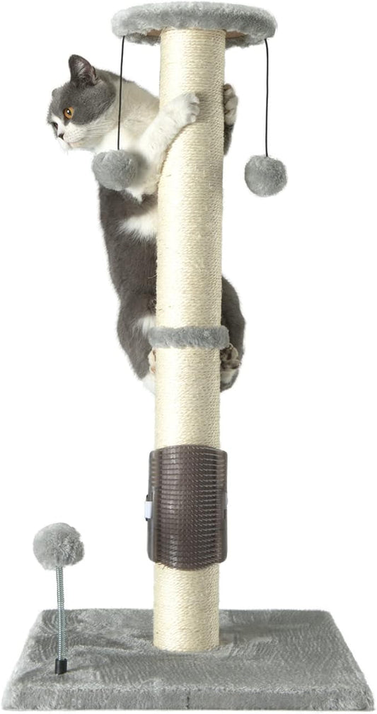 PEEKAB 32" Tall Cat Scratching Post Sisal Scratch Posts with Hanging Ball and Self-Massage Brush Vertical Scratcher for Indoor Cats and Kittens(Light-Gray 32inches) - PAWPICO