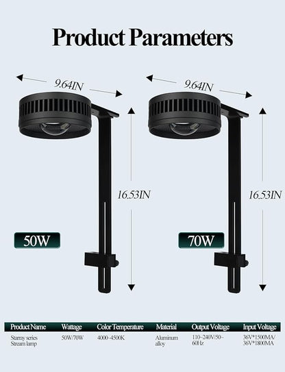 UPETTOOLS Full Spectrum COB LED Aquarium Light, 70 Watts Fish Tank Light Clip On Adjustable Brightness with Adapter and Timer Function for Saltwater Freshwater Refugium Fish Tank UPETTOOLS