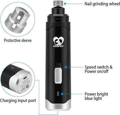 Casfuy Dog Nail Grinder Upgraded - Professional 2-Speed Electric Rechargeable Pet Nail Trimmer Painless Paws Grooming & Smoothing for Small Medium Large Dogs & Cats (Black) - PAWPICO