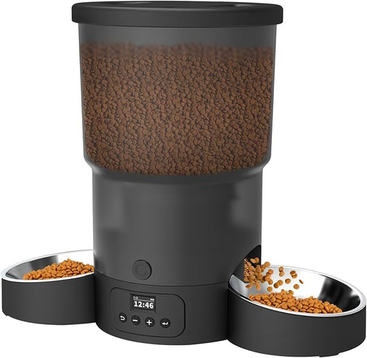 SURDY Automatic Cat Feeder for 2 Cats, 3L Cat Food Dispenser Auto Cat Feeder with 2 Stainless Bowls, 10s Meal Call Dual Power Supply and Timer Setting 12 Portions 6 Meals Per Day for Cats (Black, 5L) - PAWPICO