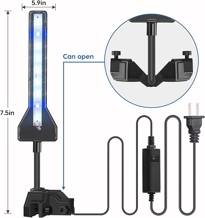 FYD LED Aquarium Light, 2.9W Clip on Aquarium Light Suitable for Uncovered Aquariums Under 15 Inches, Fish Tank Light with White & Blue Lights, Aquarium Plant Light for Reef Coral Aquatic Plants FYD