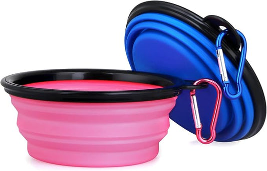 Dog Bowl Pet Collapsible Bowls, 2 Pack Collapsible Dog Water Bowls for Cats Dogs, Portable Pet Feeding Watering Dish for Walking Parking Traveling with 2 Carabiners (Small, Bule+Pink) - PAWPICO