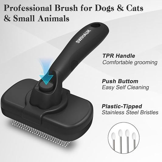 Swihauk Self Cleaning Slicker Brush for Dogs & Cats - Skin Friendly Deshedding and Grooming Brush for Haired Pets, Pet Supplies Accessory, Black - PAWPICO