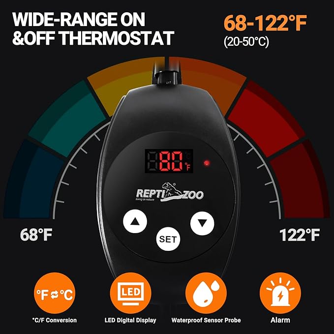 REPTI ZOO 6" X 8" Reptile Heat Pad Fast Heating Pad with Adjustable Thermostat 12W Reptile Heat Mat for Turtles/Hermit Crabs/Bearded Dragons/Leopard Geckos/Snakes/Lizards, and Seed Germination REPTIZOO