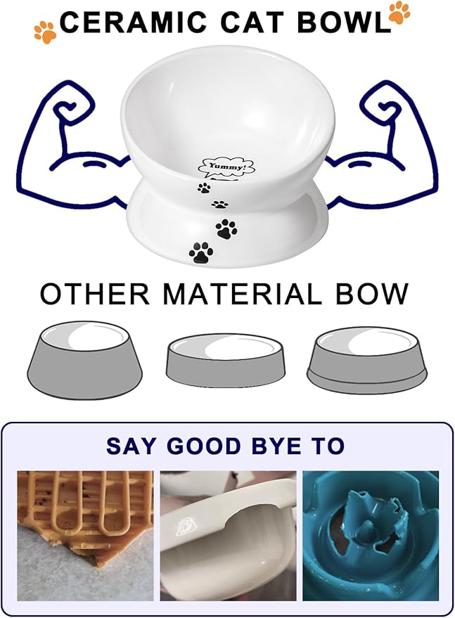 Y YHY Cat Food Bowl 6", Elevated Tilted Cat Bowl, Raised Cat Bowls for Adult Cats or Dogs, Ceramic Pet Food Water Dish 10 oz, White - PAWPICO