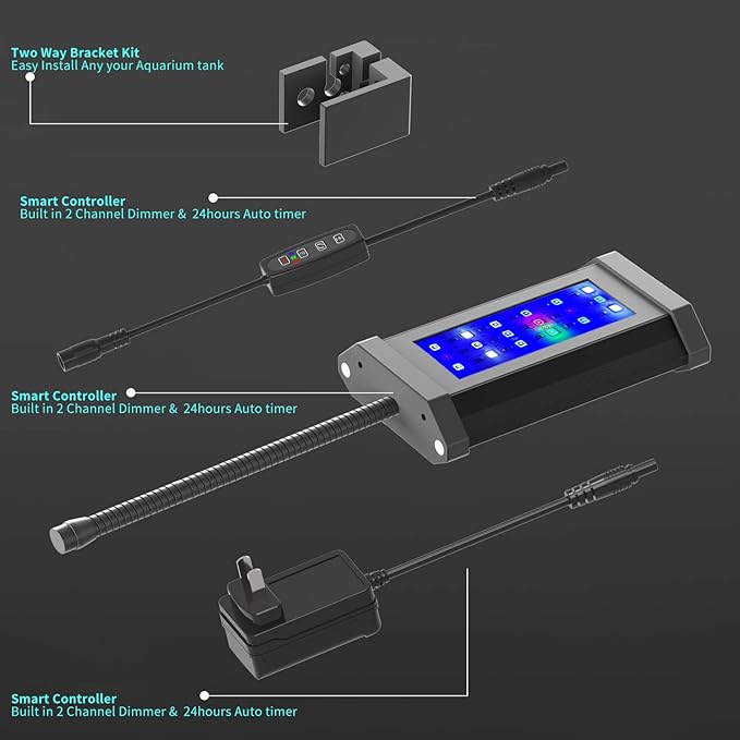 Lominie Small LED Aquarium Light Full Spectrum, 2-Channel Dimmable Fish Tank Light with Adjustable Gooseneck for Saltwater, Coral Nano Tank (Saltwater) Lominie