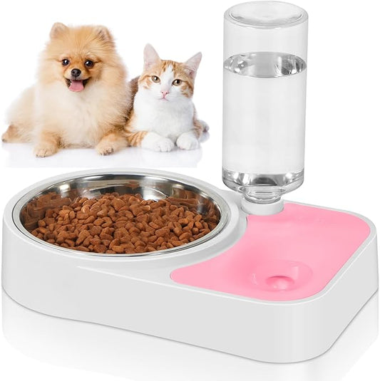 JUST RUN Double Dog Cat Bowls, 6.9" Dia Food Bowl and 11.6" L Water Bowl with Automatic Water Dispenser, Stainless Steel, Suitable for Small Dogs, Puppies, and Cats - PAWPICO
