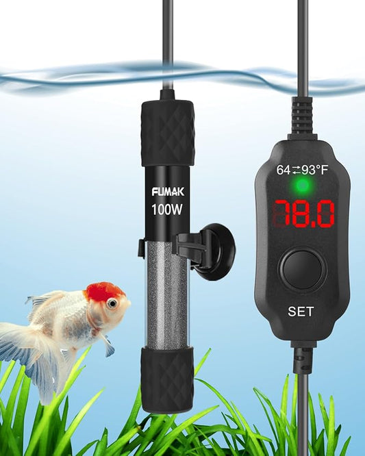 100W Adjustable Aquarium Heater Super Short Submersible Fish Tank Heater Fish Heater with LED Digital Display Thermostat, for Tanks 10-20 Gallons1 FUMAK