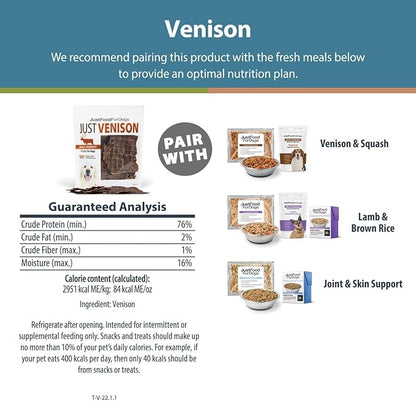 JustFoodForDogs Venison Dog Treats, Single-Ingredient Healthy Dog Treats, Made in The USA, 5 oz - PAWPICO