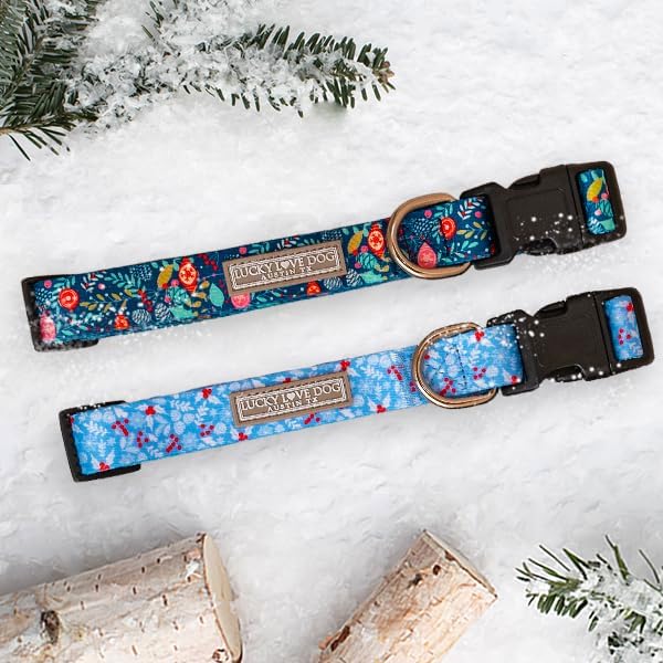 Lucky Love Dog, Blue Winter Pinecones Dog Collar and Leash Set, Vivid Winter Ornaments Dog Collar and Leash for Girl or Boy Dogs - (Medium, SweetHoliday Combo) LuckyLoveDog