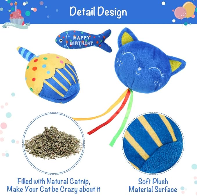 BINGPET Cat Birthday Catnip Toys for Indoor Cats,Cat Birthday Hat and Cat Birthday Cake Interactive Plush Kitten Chew Toys,Cute Cake, Fish,Balloon Toys with Crinkle Paper and Catnip Inside Cat Gifts - PAWPICO